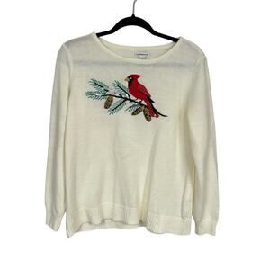 Croft & Barrow Cream Red Sequined Bird Pullover Sweater Womens L Holiday